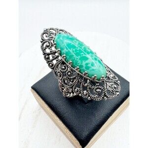 Vtg West Germany Green Peking Art Glass Silver Filigree Long Ring 1950's 1960's